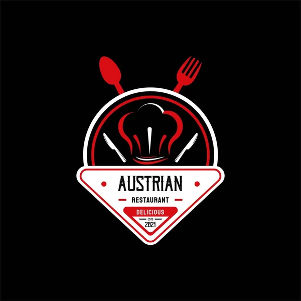Αυστριακό Λογότυπο Εστιατορίου Σημαία Αυστρίας Σύμβολο Κουτάλι Πιρούνι Καπέλο Σεφ — Διανυσματικό Αρχείο