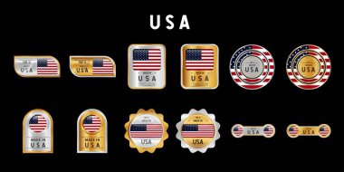 USA Label, Stamp, Rozet veya Logo 'da üretildi. ABD Ulusal Bayrağı ile. Platin, altın ve gümüş renklerde. Premium ve Lüks Amblem