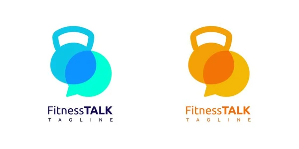 健谈聊天标志 Gym标志 带有Kettlebell和泡泡语音图标 白色和蓝色 溢价和奢侈向量模板 — 图库矢量图片
