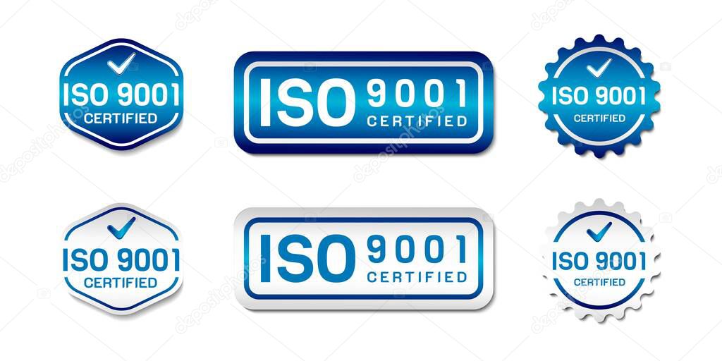 ISO 9001 Certified Label Stamp. International Quality Management System Sign. With check icon. On gradient blue and white color. Premium and luxury emblem vector template