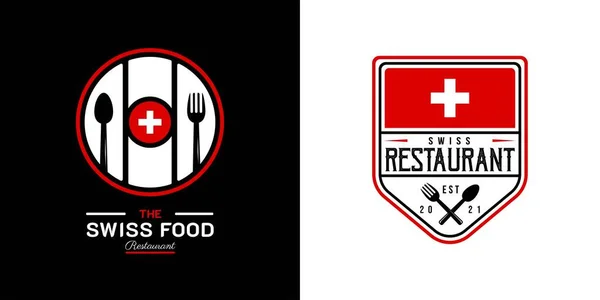 瑞士食品餐厅标志 瑞士国旗符号与勺子 叉子和刀具图标 高级及豪华标志 — 图库矢量图片