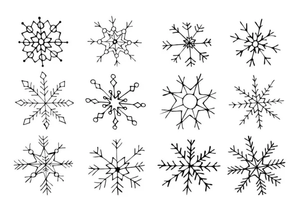 Ein handgezeichnetes Set Schneeflocken in verschiedenen Formen. — Stockvektor