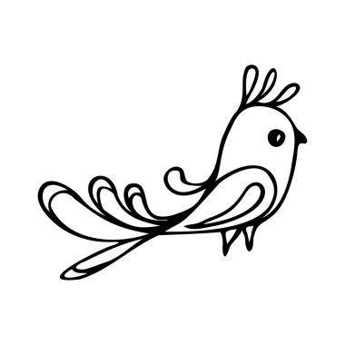 Bir dalda dekoratif kuş, karalama çizimi.