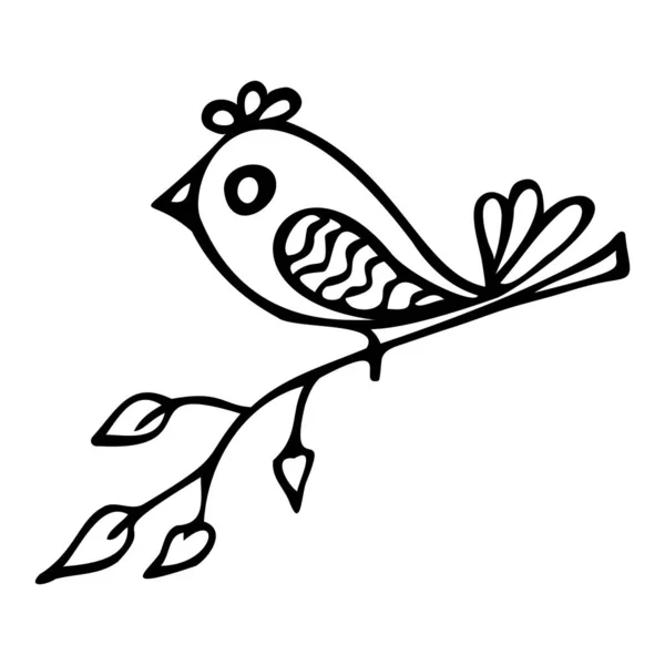 Oiseau décoratif stylisé sur une branche, illustration gribouillis. — Image vectorielle