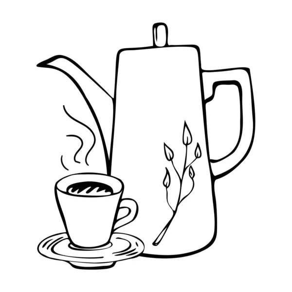 Ilustración dibujada a mano de cafetera y tazas en estilo garabato. — Vector de stock
