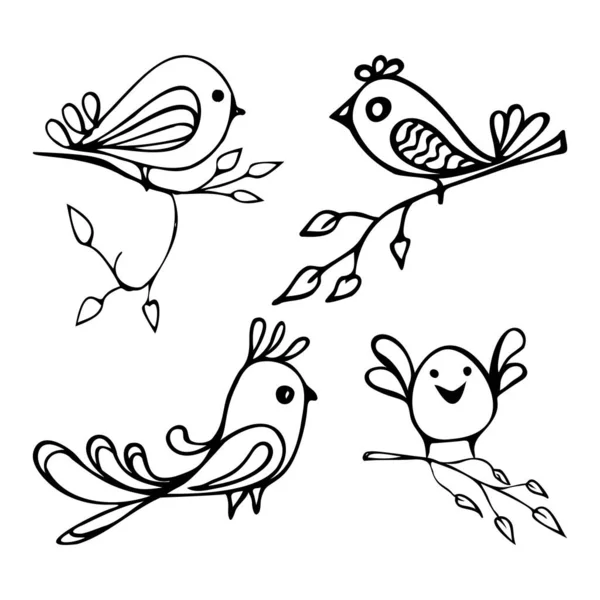 가지에 무늬가 있는 장식용 새의 집합, 낙서 그림. — 스톡 벡터