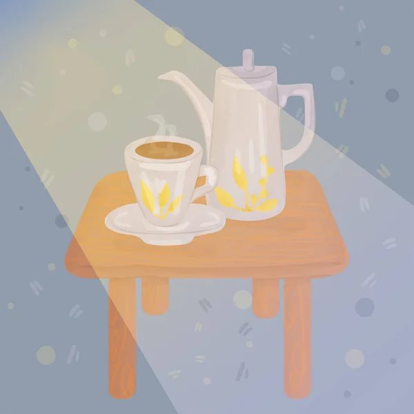 Cafetera y taza en una mesa de madera por la mañana. — Vector de stock