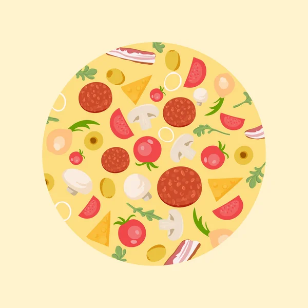 用披萨配料在木制切菜板上的比萨. — 图库矢量图片