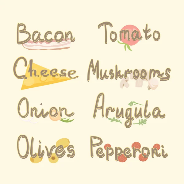 Letras para ingredientes de pizza italianos, para un café o restaurante. Ilustración vectorial. — Vector de stock