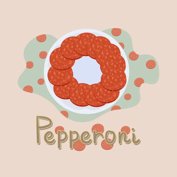 På en tallrik, pepperoni korv med inskriptionen. — Stock vektor