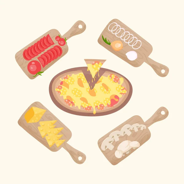 Pizza en una tabla de cortar de madera con ingredientes de pizza. — Vector de stock