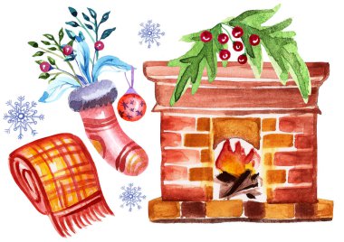 Yeni yıl unsurlarıyla Mutlu Noeller suluboya seti. 