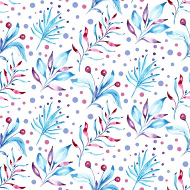 Stilize yaprakları ile dikişsiz desen. Suluboya el çizilmiş illüstrasyon.