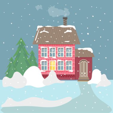 Arka planda kar ve Noel ağaçları olan İskandinav evi.