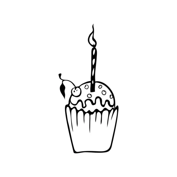 Pastel de Doodle, magdalena para un feliz cumpleaños. Vector. — Vector de stock