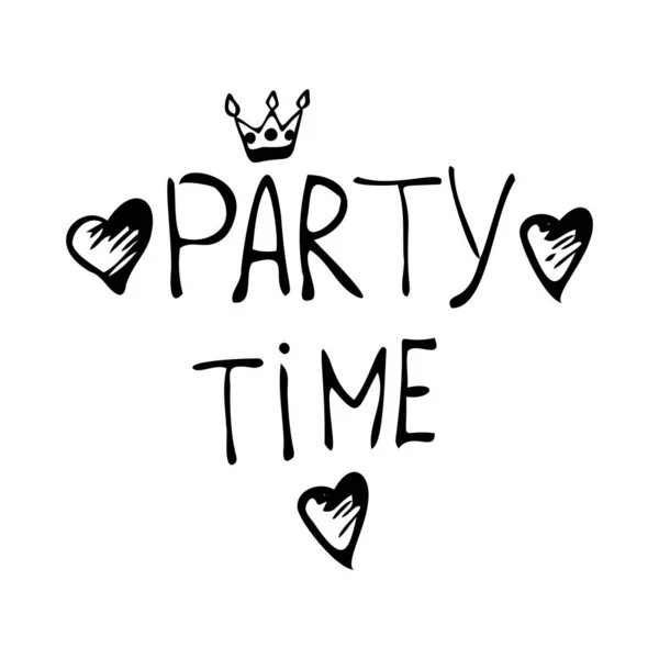 Ручная надпись Party Time with hearts and crown. — стоковый вектор