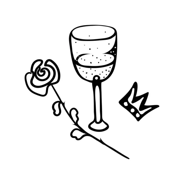 Карикатурный рисунок бокала вина с цветком розы. — стоковый вектор