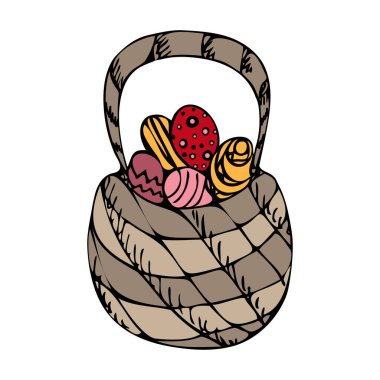 basket with colored eggs easter elements on background