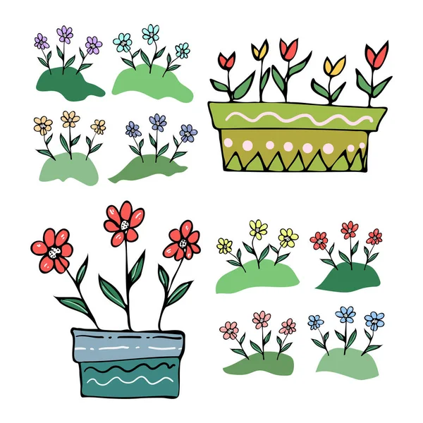 Set aus Frühlingsblättern und Blumen, florale Elemente — Stockvektor