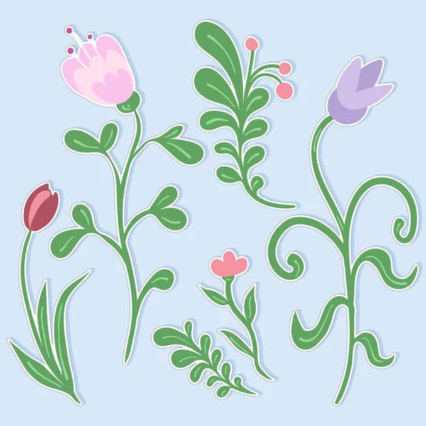 Aufkleberset mit dekorativen Blumen und Pflanzenelementen isoliert auf dem Hintergrund — Stockvektor