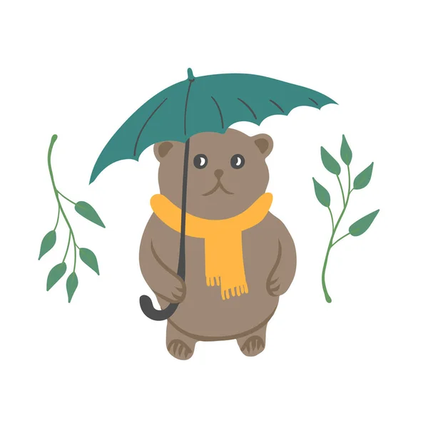 Un ours avec une écharpe tient un parapluie. Décoré avec des branches isolées sur fond blanc — Image vectorielle