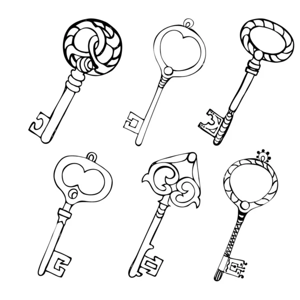 Set of sketch old vintage handmade door keys isolated on white background. — Stock Vector