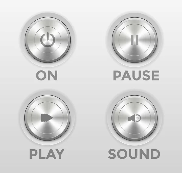 Skutečná Ikona Power Button Play Pauza Zvuk Ztlumení Sluchátko Stříbrná — Stockový vektor