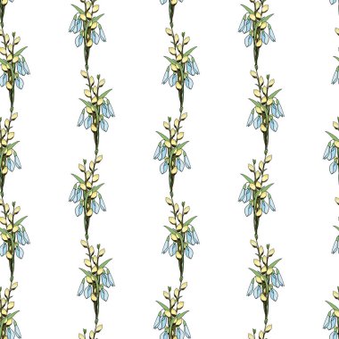 Seamless pattern with a linear ornament from bouquets of spring flowers snowdrops, pussy willow. Vector illustration for festive design.