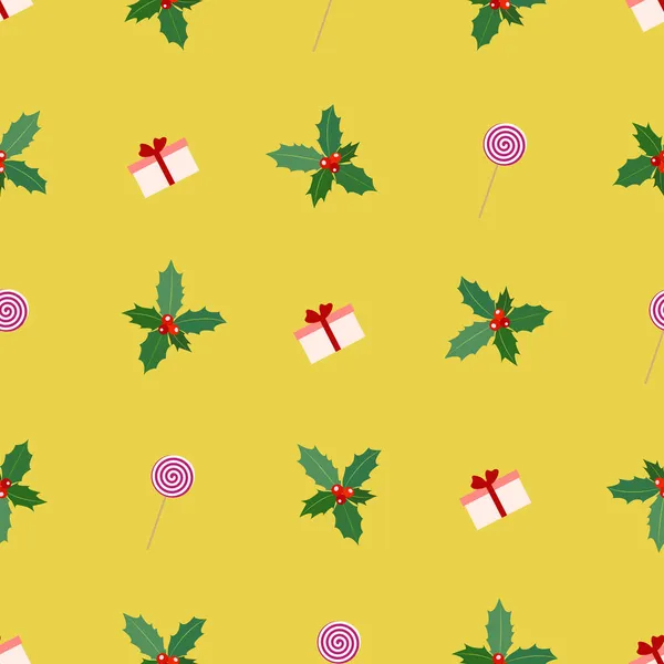 Εορταστική Απρόσκοπτη Μοτίβο Στοιχεία Των Χριστουγέννων Ζαχαροκάλαμο Holly Δώρο — Διανυσματικό Αρχείο