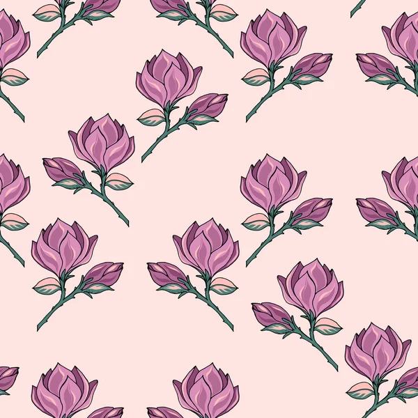 Rama Magnolia Patrón Sin Costuras Con Flor Brote Dibujo Vectorial — Vector de stock