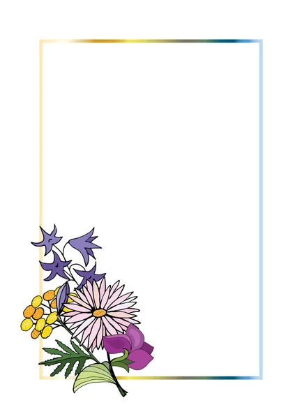 Cadre Modèle Avec Bouquet Fleurs Sauvages Camomille Cloche Tanaisie Violet — Image vectorielle