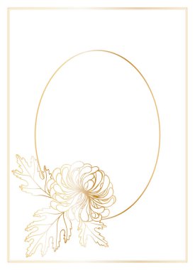 Oval sınır çerçevesi kasımpatı çiçeğiyle süslenmiş. Beyaz arka planda parlak, altın renginde bir renk. Düğün davetiyeleri ve tebrik kartları için vektör tasarım ögesi şablonu.