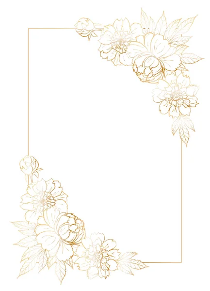 Modèle Carte Postale Rectangulaire Avec Cadre Doré Bouquets Pivoines Dans — Image vectorielle