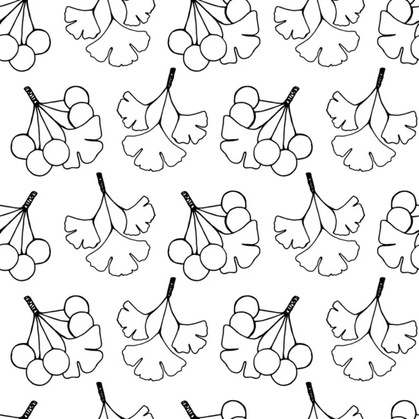 Бесшовный Узор Ветвей Растения Гинкго Билоба Листьями Ягодами Черно Белый — стоковый вектор