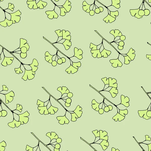 Бесшовный Узор Ветвей Растений Гинкго Билоба Листьями Ягодами Зеленых Тонах — стоковый вектор