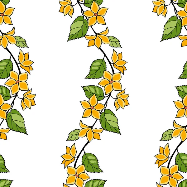 Бесшовный Узор Гирляндой Декоративных Цветущих Ветвей Желтыми Цветами Листва Белом — стоковый вектор
