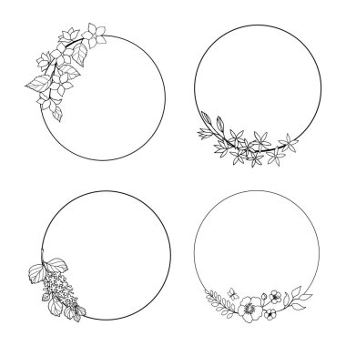 Tatil kartları için çiçek açan dallarla dolu yuvarlak çerçeveli dekoratif şablonlar seti, tebrikler, el ilanları, antetli kağıtlar. Serbest çizim.