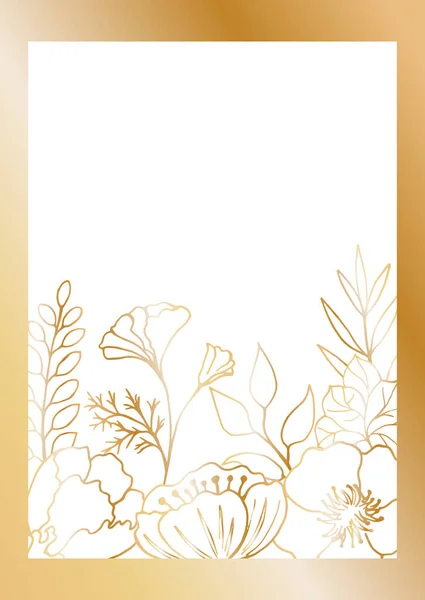 황금빛 배경에 허브와 꽃들로 장식된 직사각 황금색 무늬가 자유롭게 손으로 — 스톡 벡터