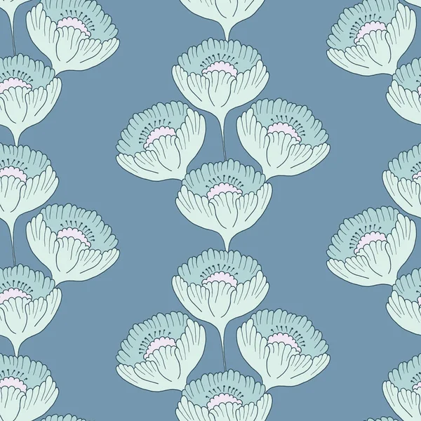 Nahtloses Muster Blautönen Mit Einem Vertikalen Liniendruck Dekorativer Blumen Einem — Stockvektor