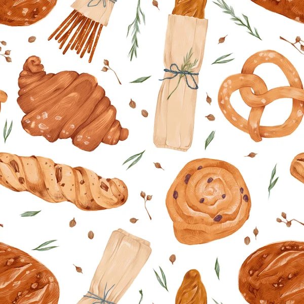 Padrão sem costura de padaria estilo cartoon liso aquarela com ilustração de produto de padaria isolado no fundo branco. Design de padaria. Pão orgânico, baguete, pecan, croissant, pão, pretzel — Fotografia de Stock