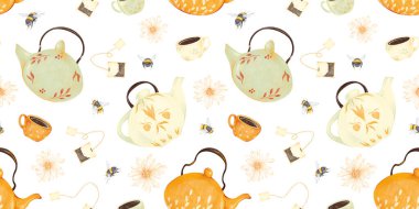 Çaydanlık, çay poşeti, kupa, arı, papatya renginde kumaş, kağıt, tekstil ve beyaz arka planda izole edilmiş hediye paketi örnekleriyle suluboya çay modu. Çaydanlık, kahvaltı..