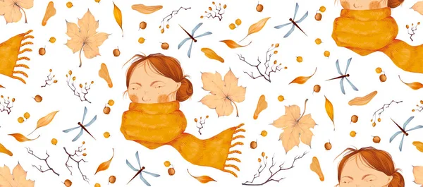 Sonbahar Cadılar Bayramı havası. Eşarplı, yapraklı, dallı, dikenli üzümlü, yusufçukların portresi kusursuz desenli. Düz stil el çizimi elementler beyaz arkaplanda izole — Stok fotoğraf