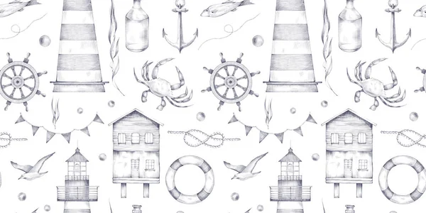 Vintage monochrome nautical seamless pattern with lighthouse, bottle, anchor, lifebuoy, wheel, seagull, crab, fish, flag, rope, pearl, knot and water plant. Pattern isolated on white background. — Stock Photo, Image