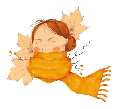 Sonbahar Cadılar Bayramı havası. Eşarplı, yapraklı, dallı, dikenli böğürtlenli kızın portresinin suluboya çizimi. Düz çizgi film tarzı el çizimi elementler beyaz arkaplanda izole edildi. Güzel kartpostal.