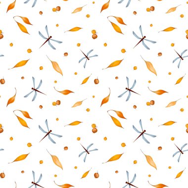 Sonbahar suluboya Cadılar Bayramı çizgi film tarzında kusursuz desenli sonbahar yaprakları, portakal dikenli böğürtlenler, yusufçuk sineği resimli. Beyaz arkaplanda izole edilmiş doğal elementler.