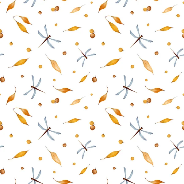 Акварель осінь Хеллоуїн безшовний візерунок в мультиплікаційному стилі з ілюстрацією осіннього листя, апельсинових ягід глоду, бабка. Елементи Нату, ізольовані на білому тлі . — стокове фото