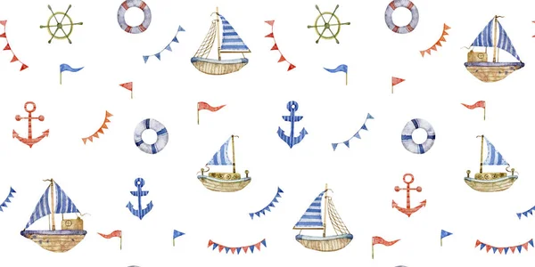 Watercolor seamless hand drawn nautical pattern with vessels, ships, sailboats, anchors, wheel , lifebuoys, garlands of flags. Cute sea background for boys. Illustration isolated on white background. — Stock Photo, Image