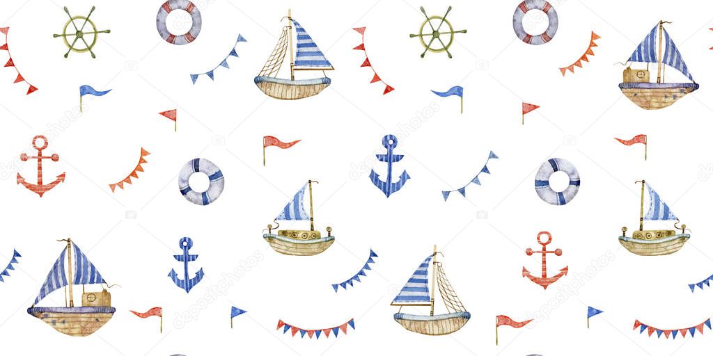 Watercolor seamless hand drawn nautical pattern with vessels, ships, sailboats, anchors, wheel , lifebuoys, garlands of flags. Cute sea background for boys. Illustration isolated on white background.