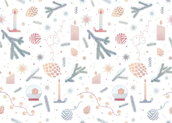 Watercolor vintage seamless pattern with Christmas cozy illustration isolated on white background. Hygge winter New Year collection. Spruce branches, garland, candles, snowflakes, cone, doodles. — Stock Photo, Image