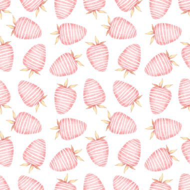 Suluboya el, sevgililer günü için elementlerle kusursuz desen çizmiş. Beyaz arka planda izole edilmiş altın yapraklı çikolatalı pembe çizgili çilekler..